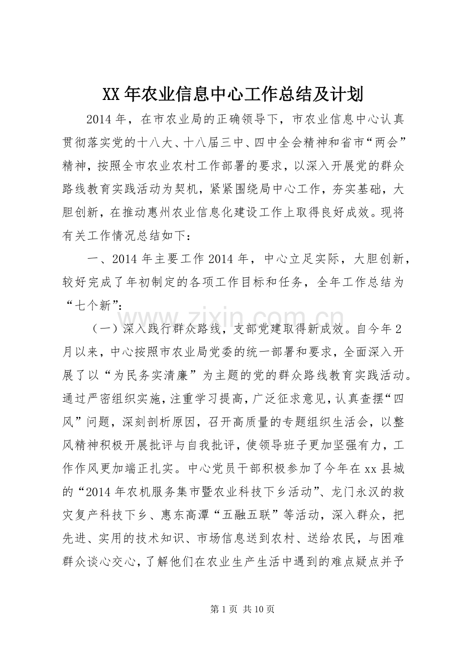 XX年农业信息中心工作总结及计划.docx_第1页