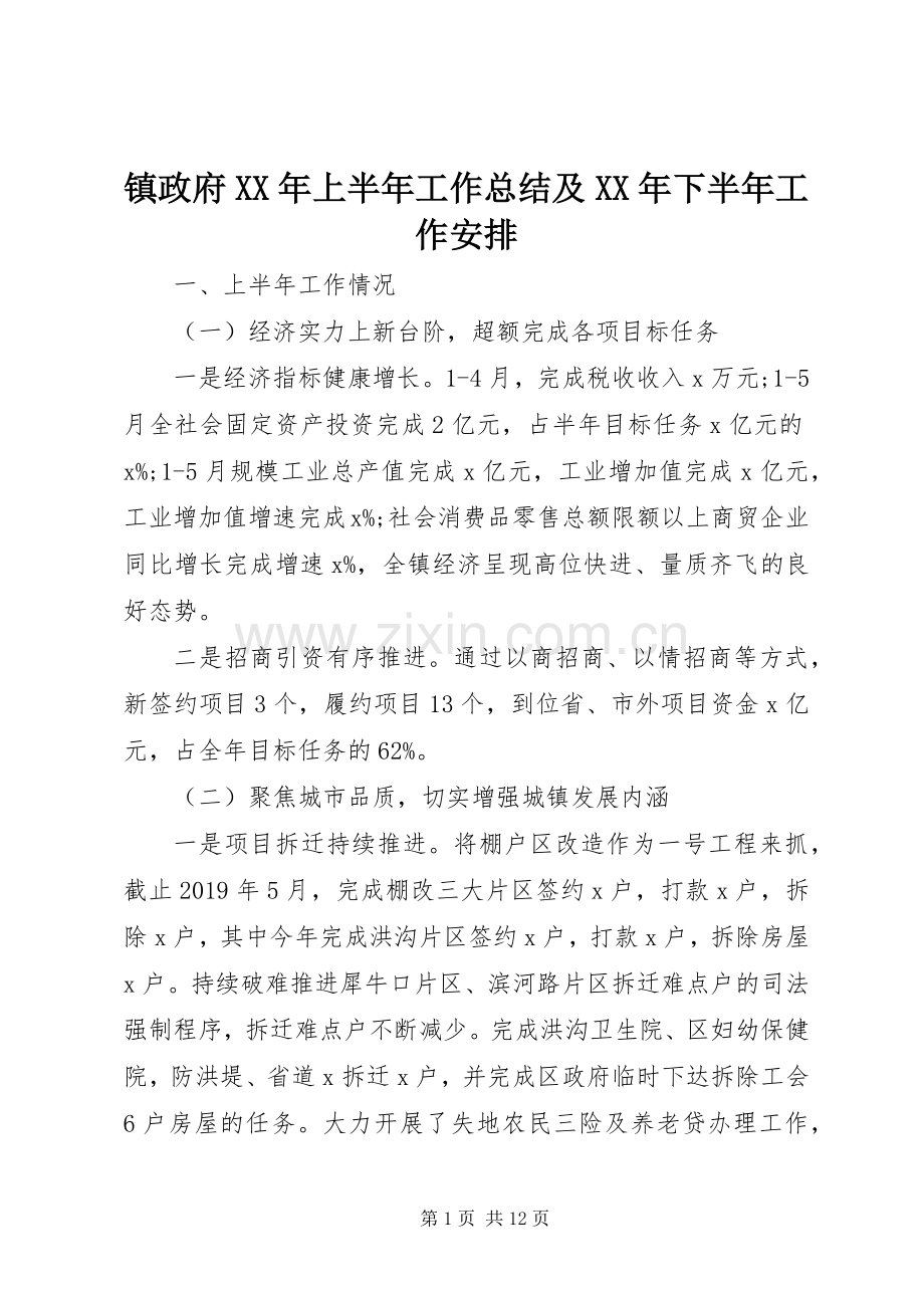 镇政府XX年上半年工作总结及XX年下半年工作安排 .docx_第1页