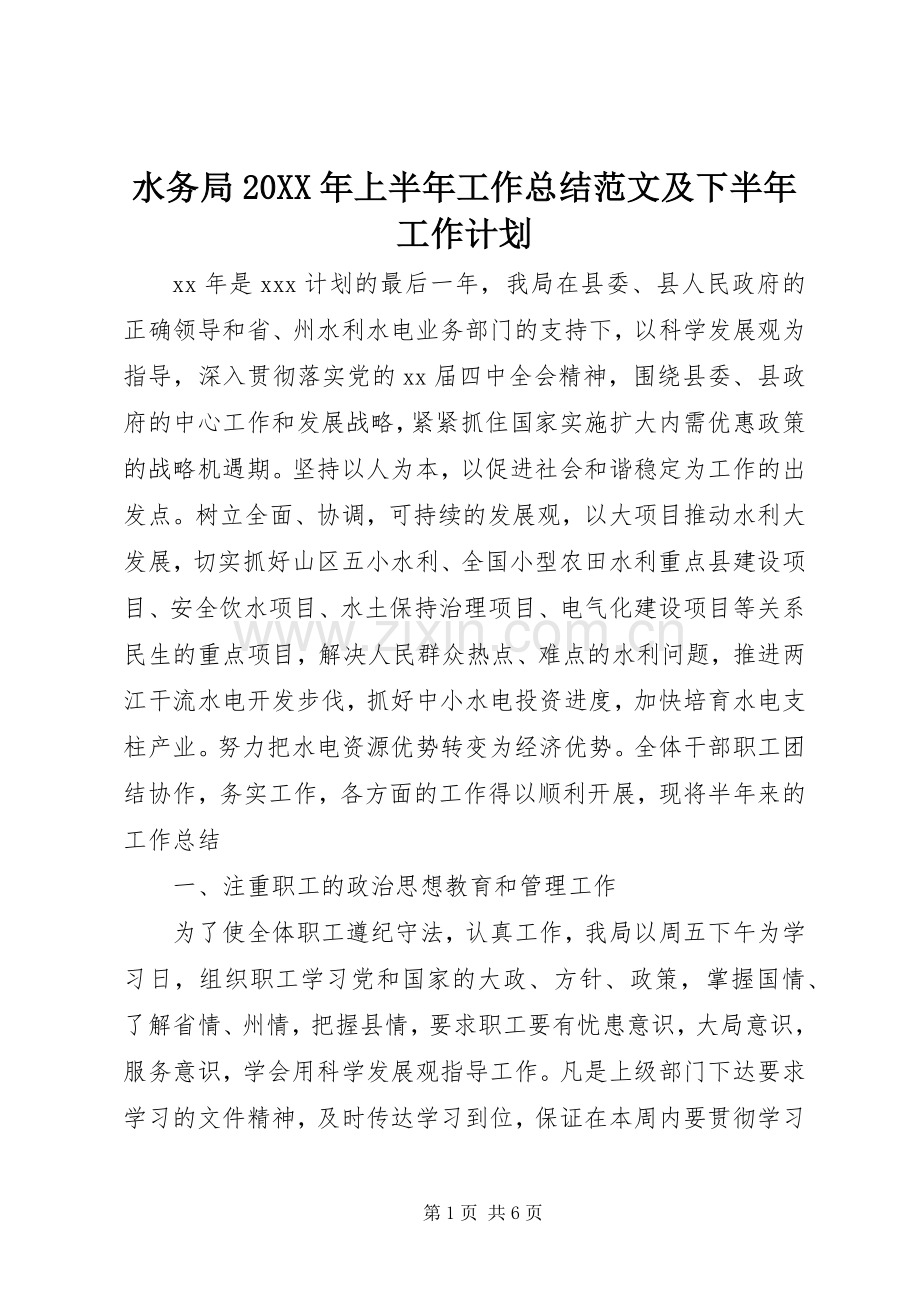 水务局20XX年上半年工作总结范文及下半年工作计划.docx_第1页