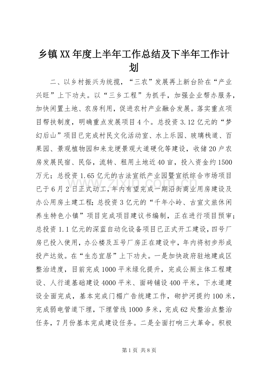 乡镇XX年度上半年工作总结及下半年工作计划.docx_第1页