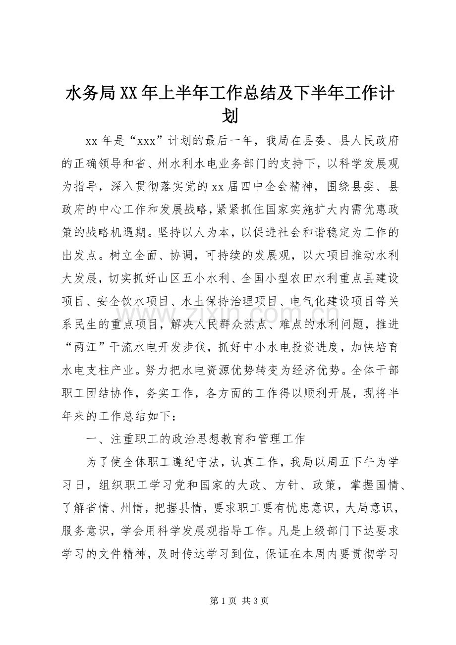 水务局XX年上半年工作总结及下半年工作计划 .docx_第1页