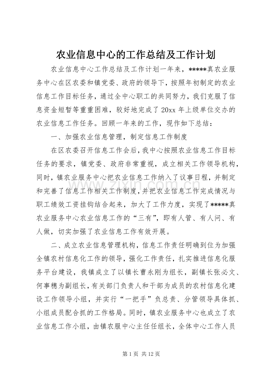 农业信息中心的工作总结及工作计划.docx_第1页