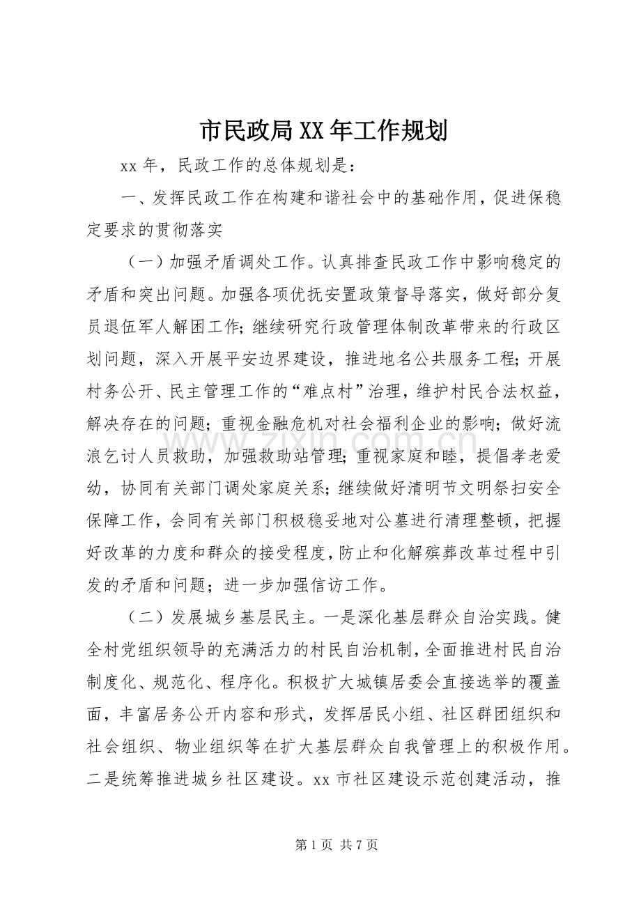 市民政局XX年工作规划 .docx_第1页