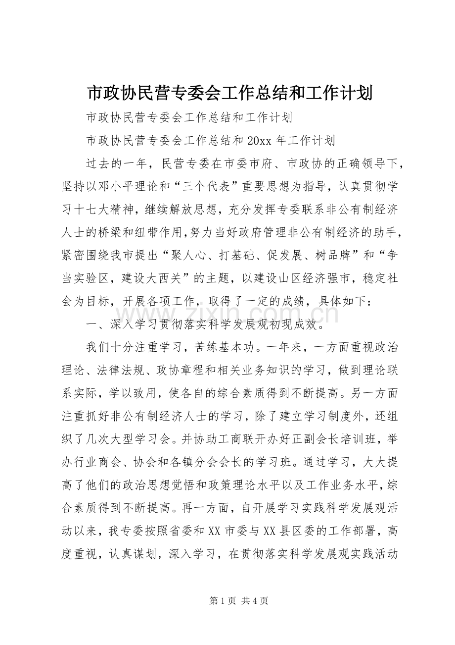 市政协民营专委会工作总结和工作计划.docx_第1页