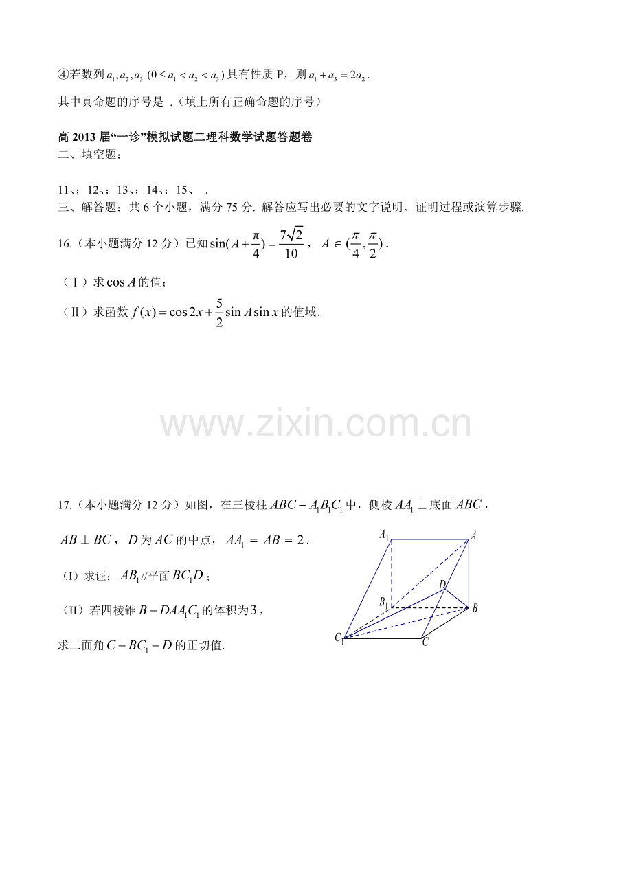 四川省新津中学2013届高三一诊模拟考试数学（理）试题（二）.doc_第3页