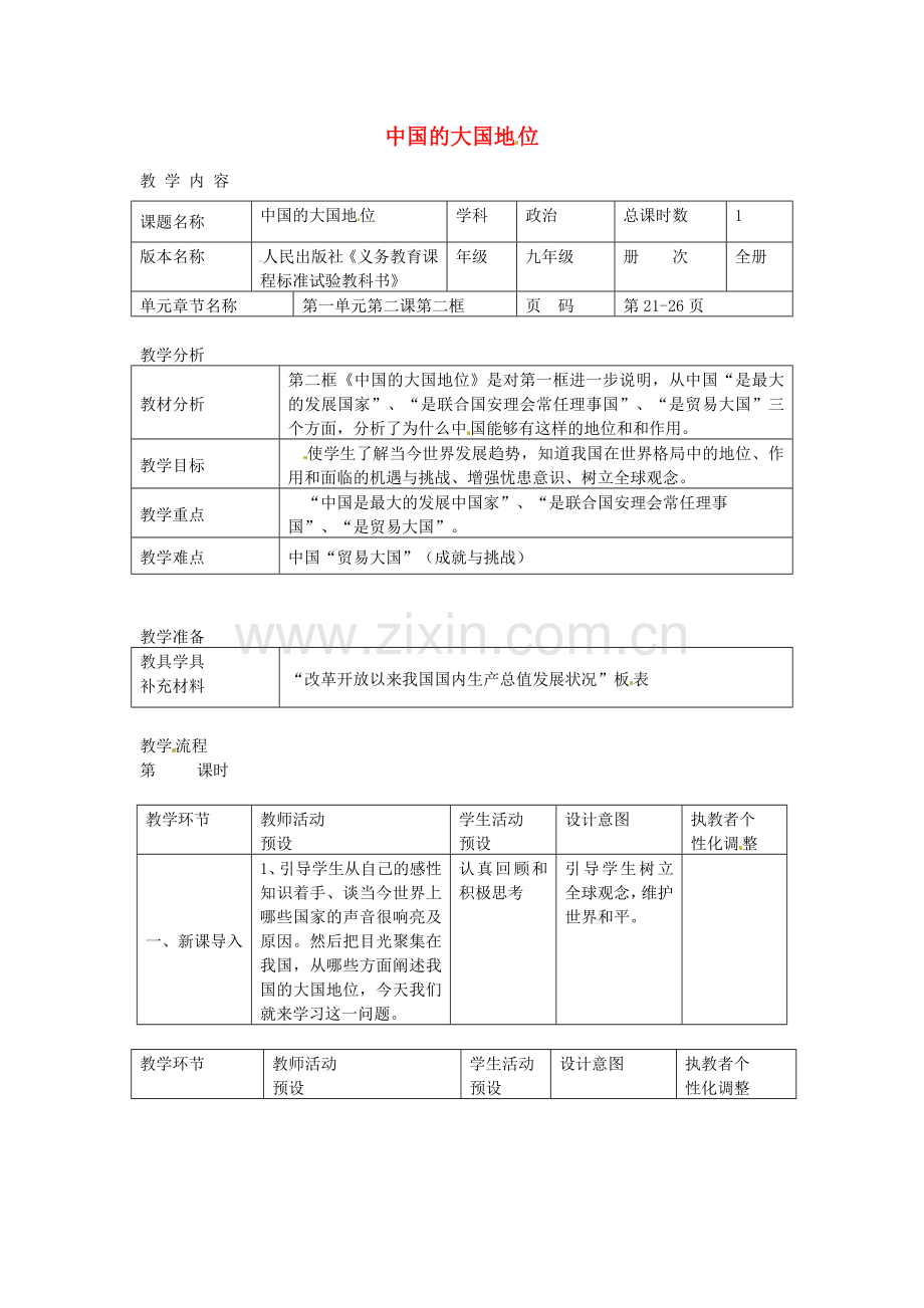 九年级政治全册 2.2 中国的大国地位教案 人民版-人民版初中九年级全册政治教案.doc_第1页