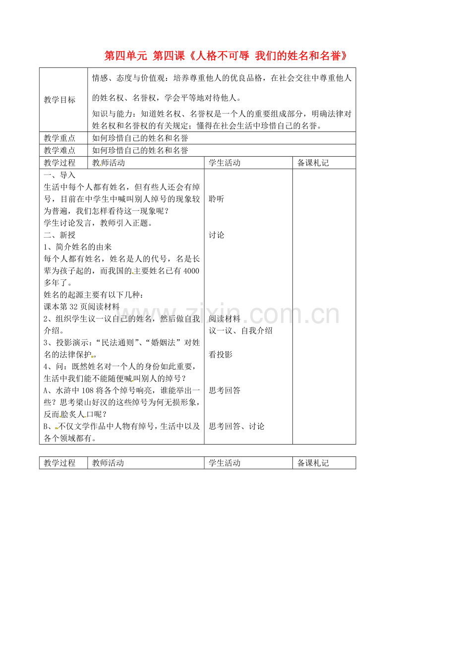 七年级政治上册 第四单元 第4课《人格不可辱 我们的姓名和名誉》教案 苏教版-苏教版初中七年级上册政治教案.doc_第1页