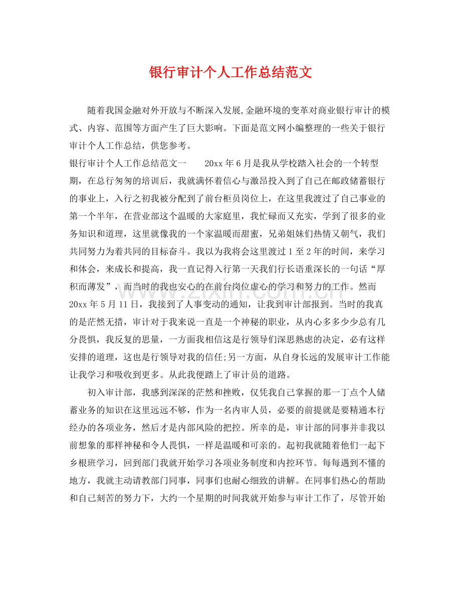 银行审计个人工作总结范文 .docx_第1页