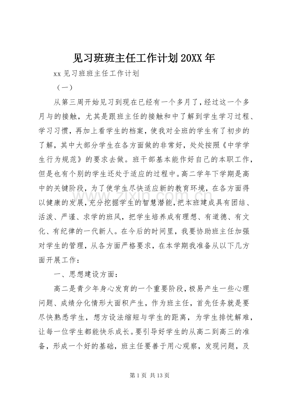 见习班班主任工作计划20XX年.docx_第1页