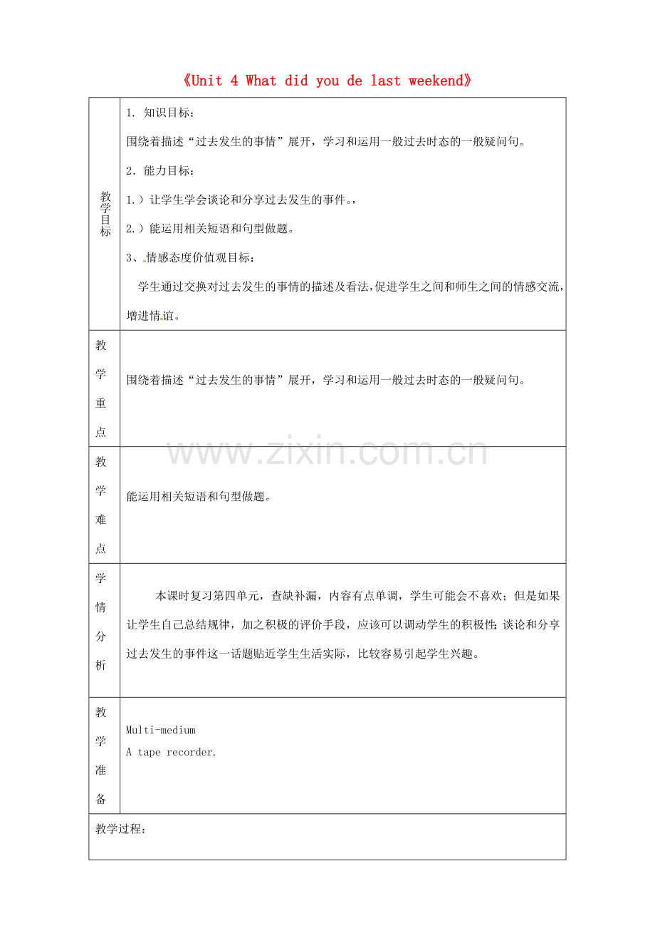 山东省淄博市临淄区第八中学七年级英语上册《Unit 4 What did you de last weekend》复习教案 鲁教版五四制.doc_第1页