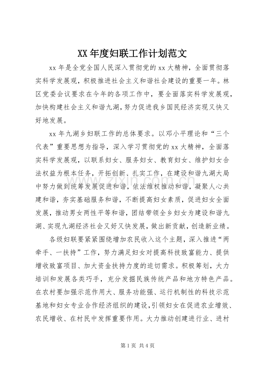 XX年度妇联工作计划范文.docx_第1页