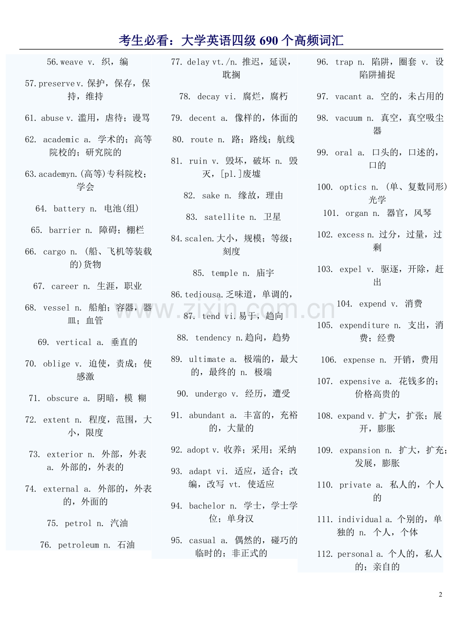 考生必看：大学英语四级690个高频词汇.doc_第2页