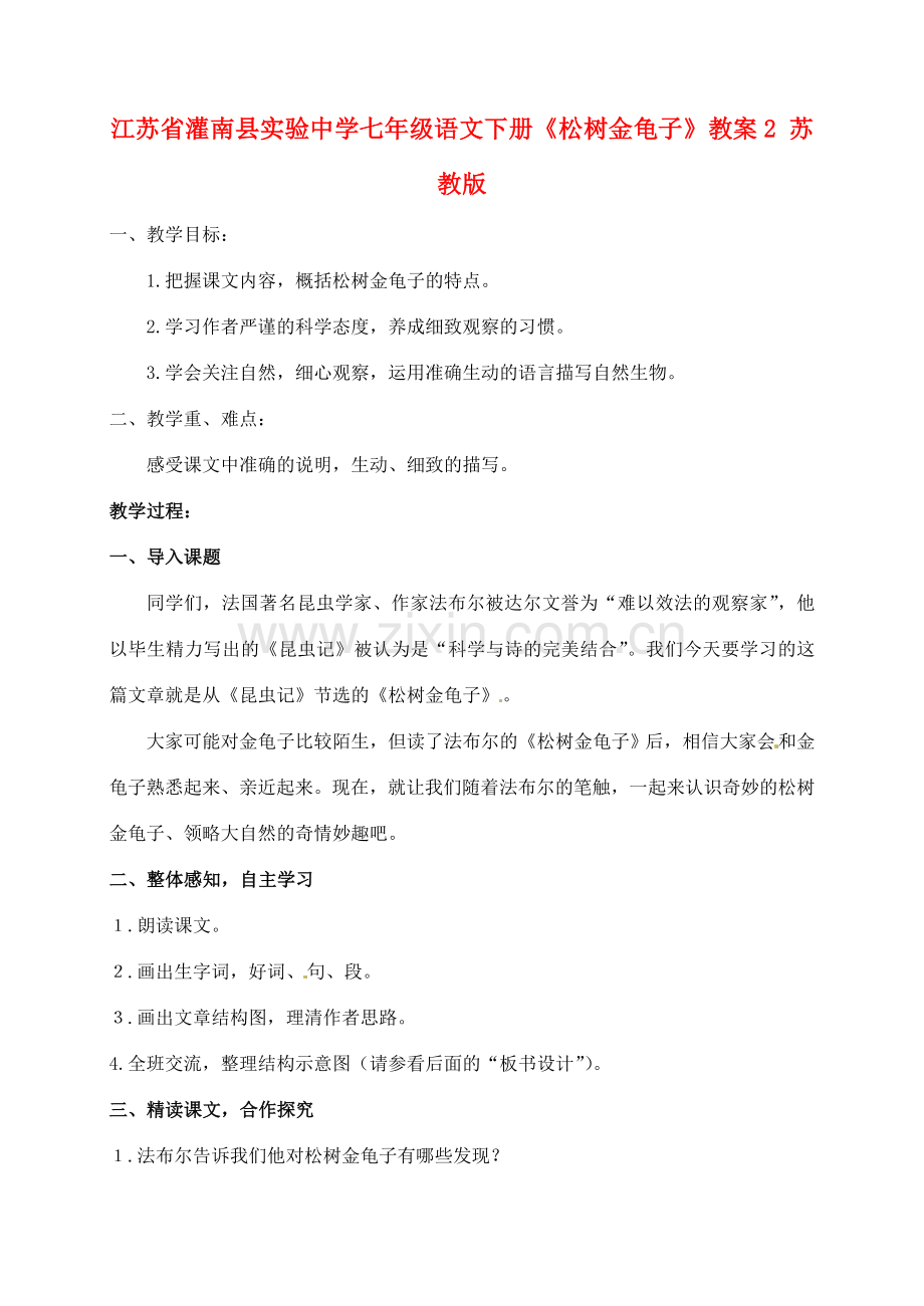 江苏省灌南县实验中学七年级语文下册《松树金龟子》教案2 苏教版.doc_第1页