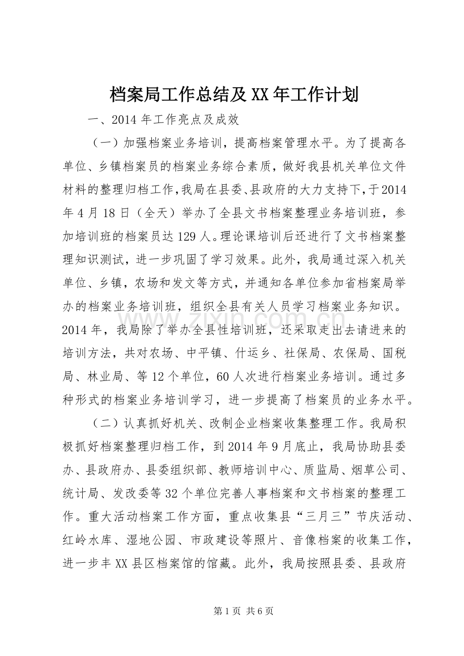 档案局工作总结及XX年工作计划.docx_第1页