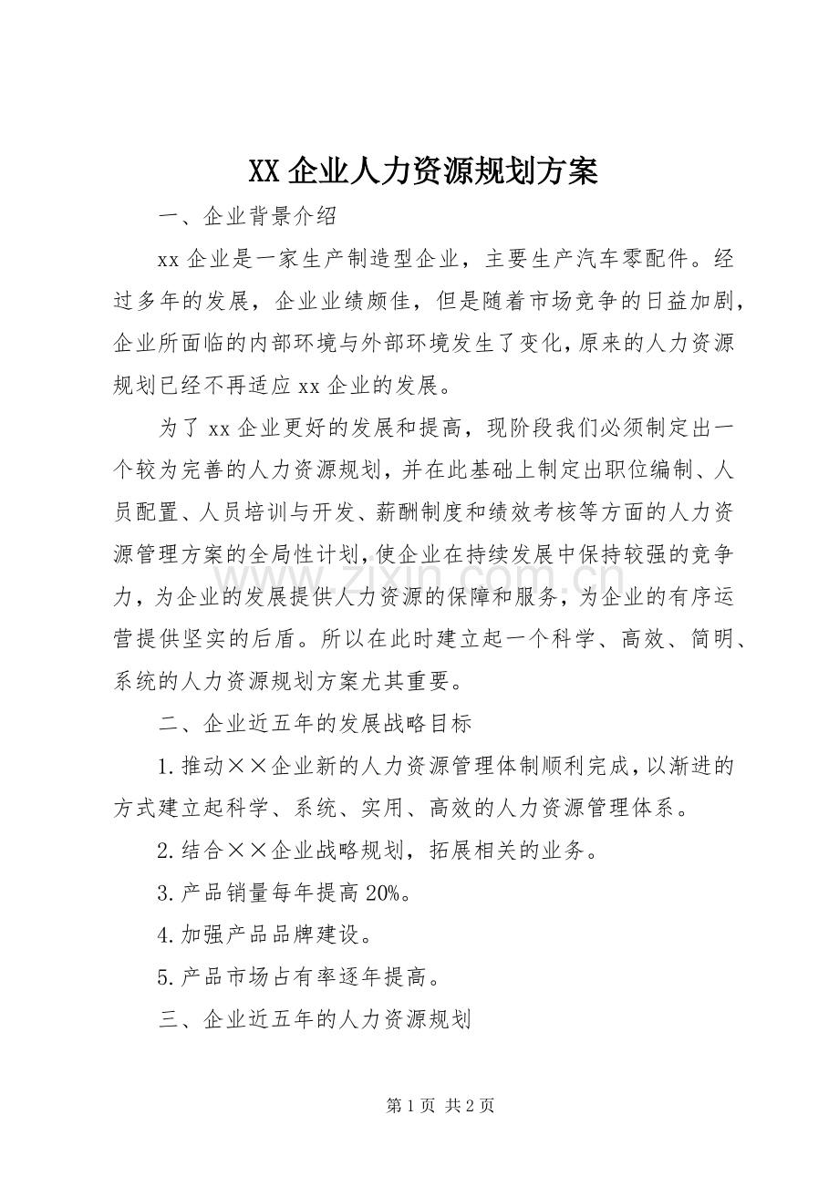 XX企业人力资源规划方案.docx_第1页