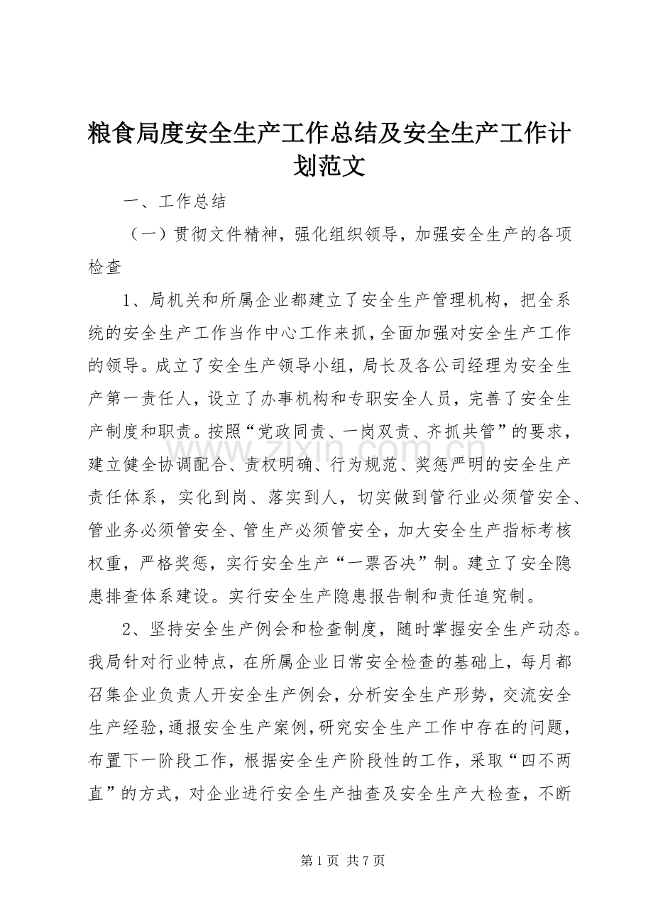 粮食局度安全生产工作总结及安全生产工作计划范文.docx_第1页