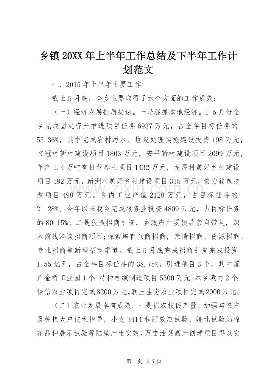 乡镇20XX年上半年工作总结及下半年工作计划范文.docx_第1页