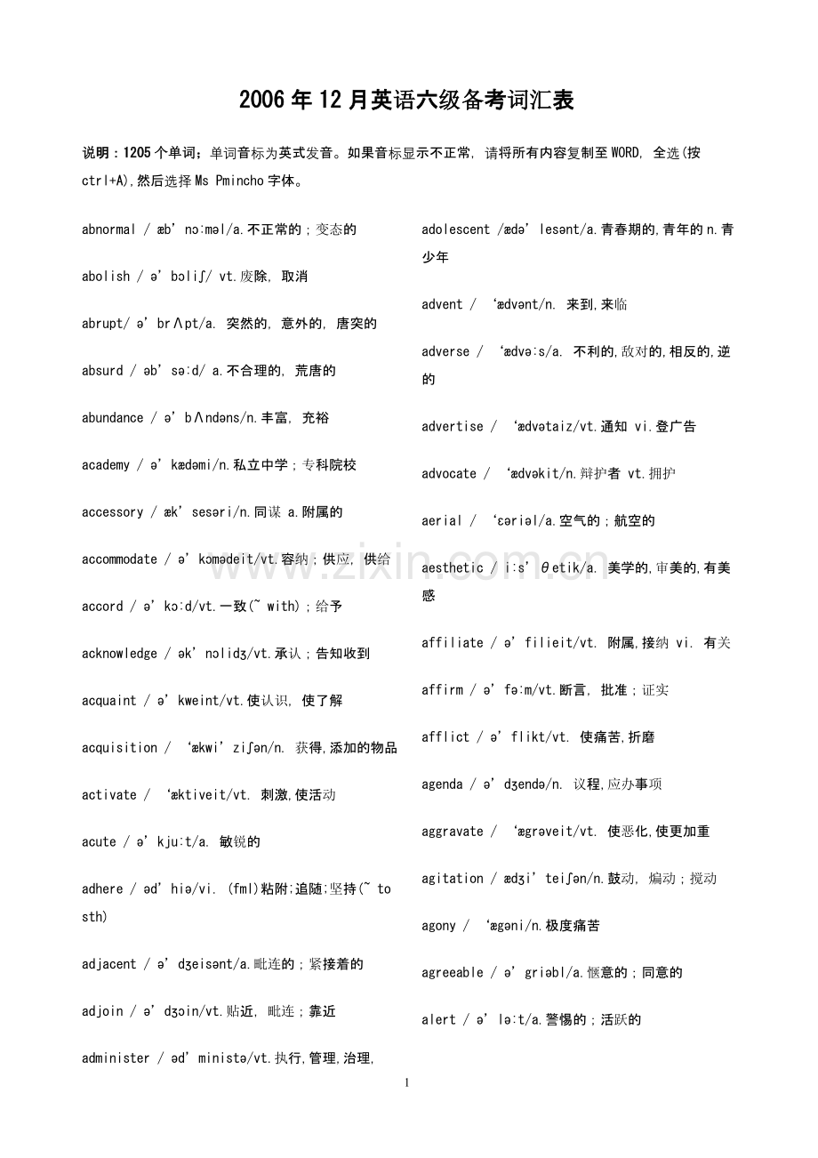 大学英语六级词汇表带音标.doc_第1页