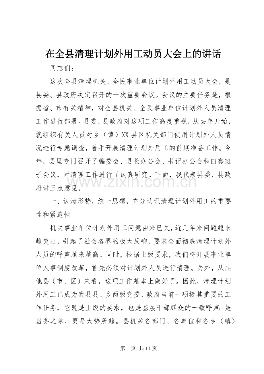 在全县清理计划外用工动员大会上的讲话 .docx_第1页