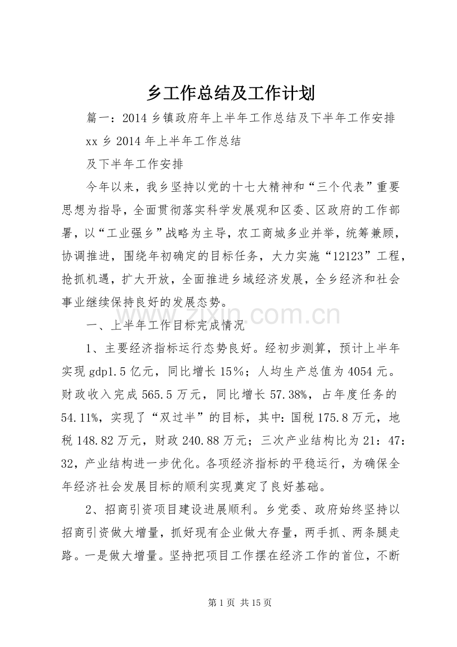 乡工作总结及工作计划.docx_第1页