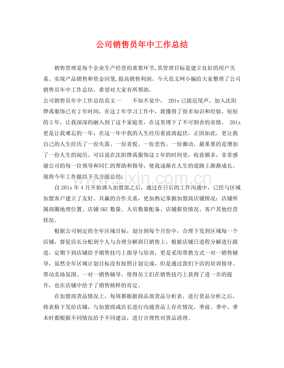 公司销售员年中工作总结 .docx_第1页