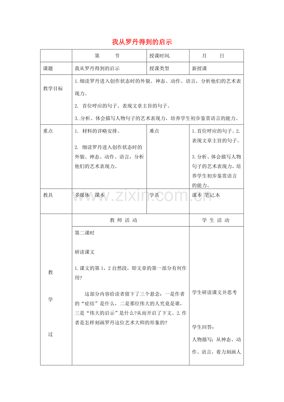 北京市大兴区魏善庄中学七年级语文上册 第四单元 第13课 我从罗丹得到的启示（第2课时）教案 北京课改版.doc_第1页