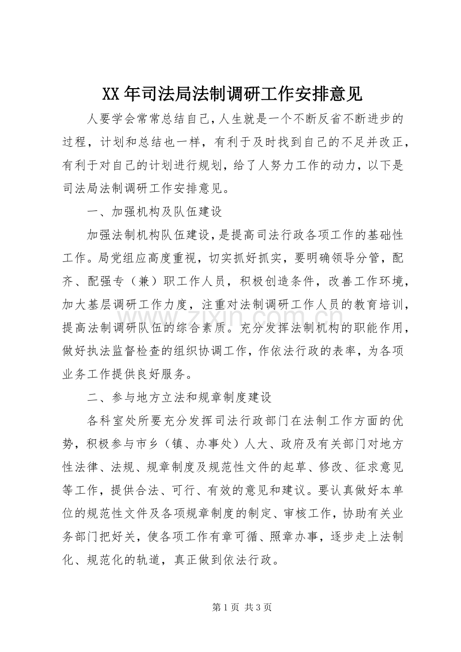 XX年司法局法制调研工作安排意见.docx_第1页