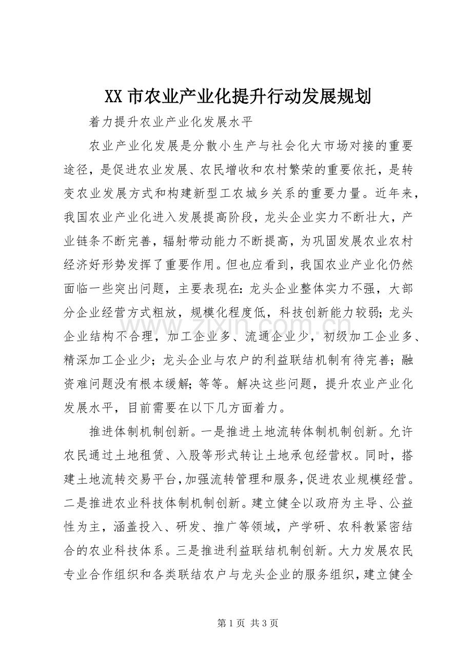 XX市农业产业化提升行动发展规划 .docx_第1页