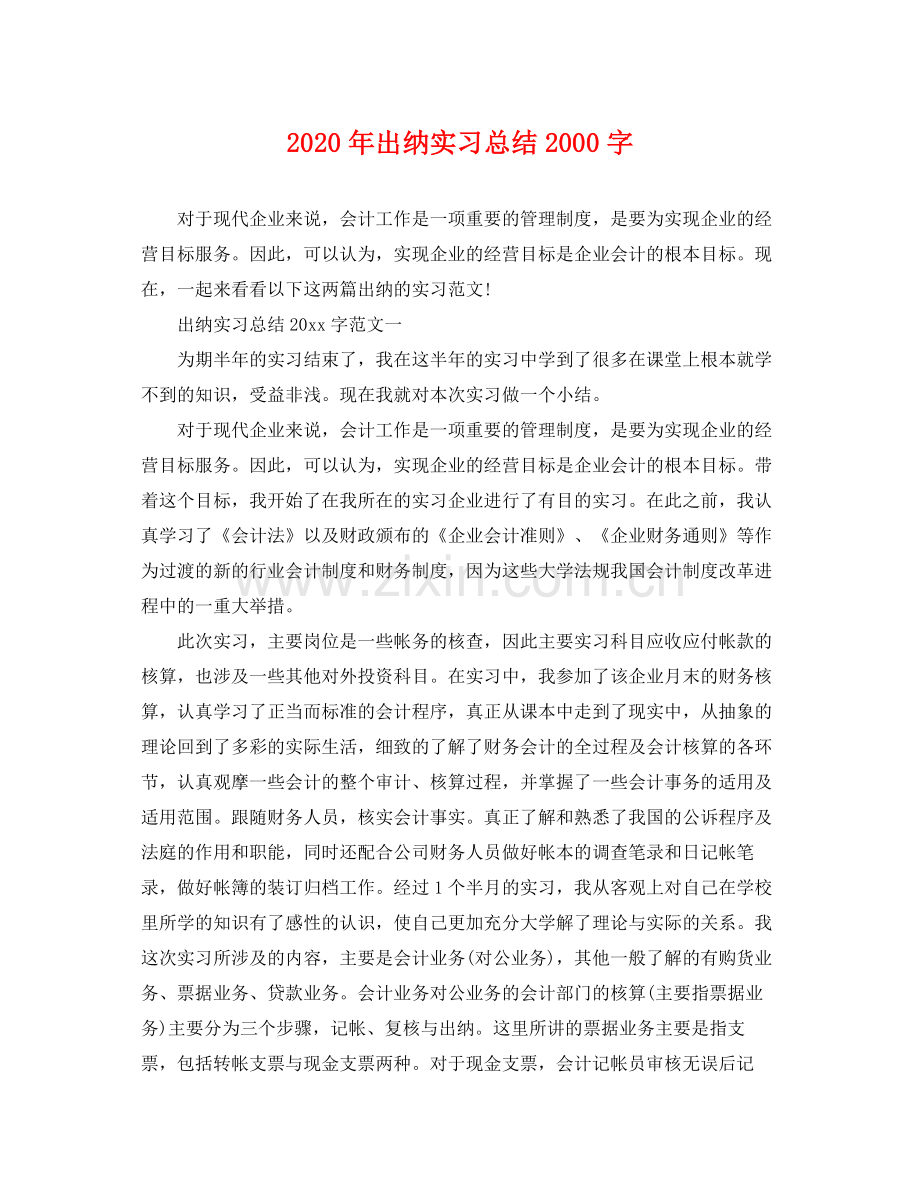 2020年出纳实习总结2000字 .docx_第1页