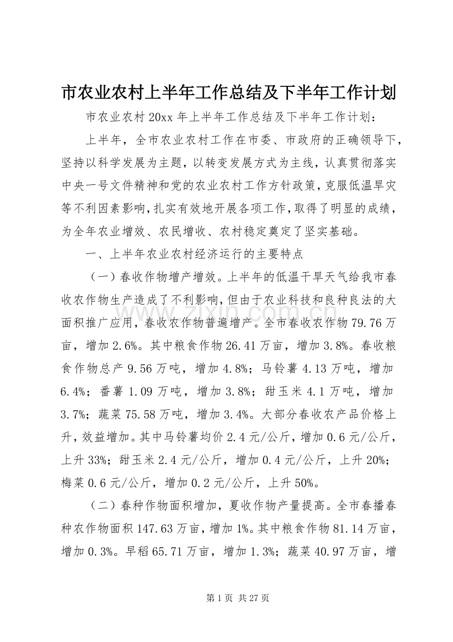 市农业农村上半年工作总结及下半年工作计划.docx_第1页