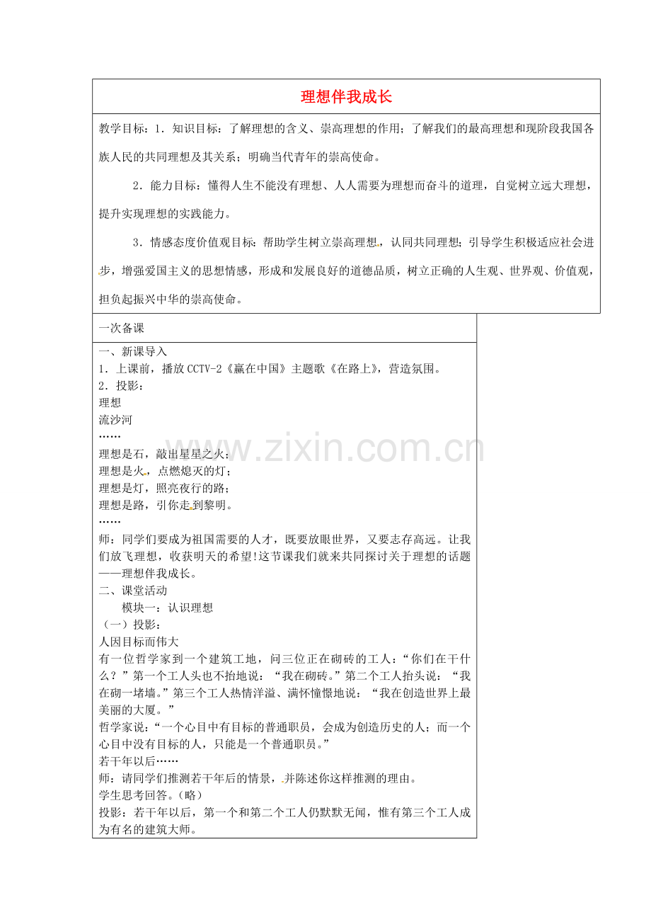 九年级政治全册 12.1 理想伴我成长教案 苏教版-苏教版初中九年级全册政治教案.doc_第1页