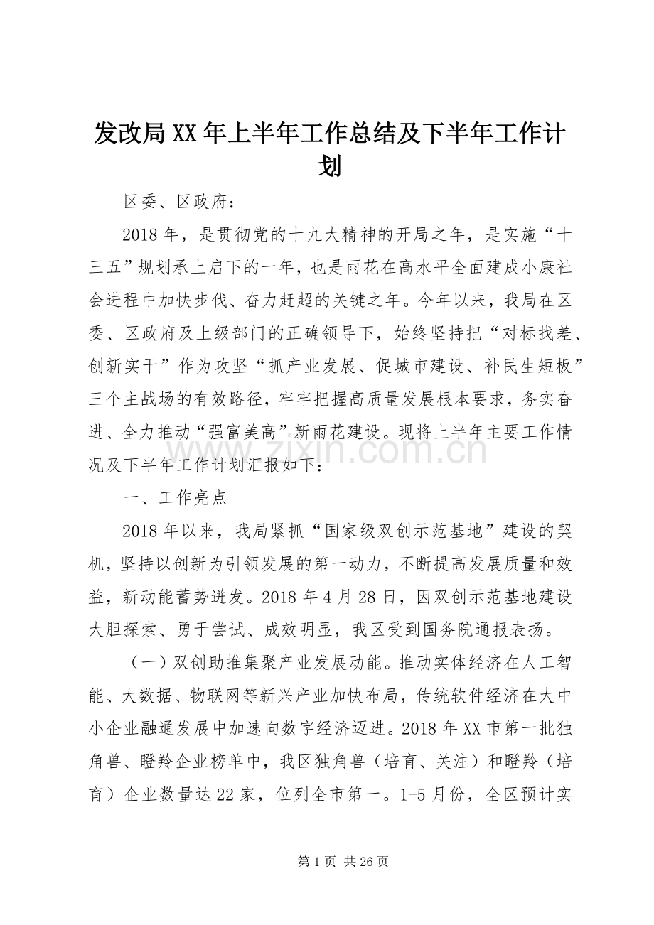 发改局XX年上半年工作总结及下半年工作计划.docx_第1页