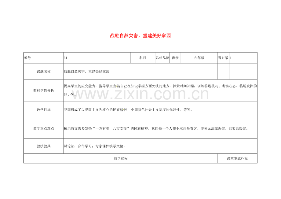 云南省涧彝族自治县中考政治第三轮复习 课题31 战胜自然灾害 重建美好家园教案-人教版初中九年级全册政治教案.doc_第1页