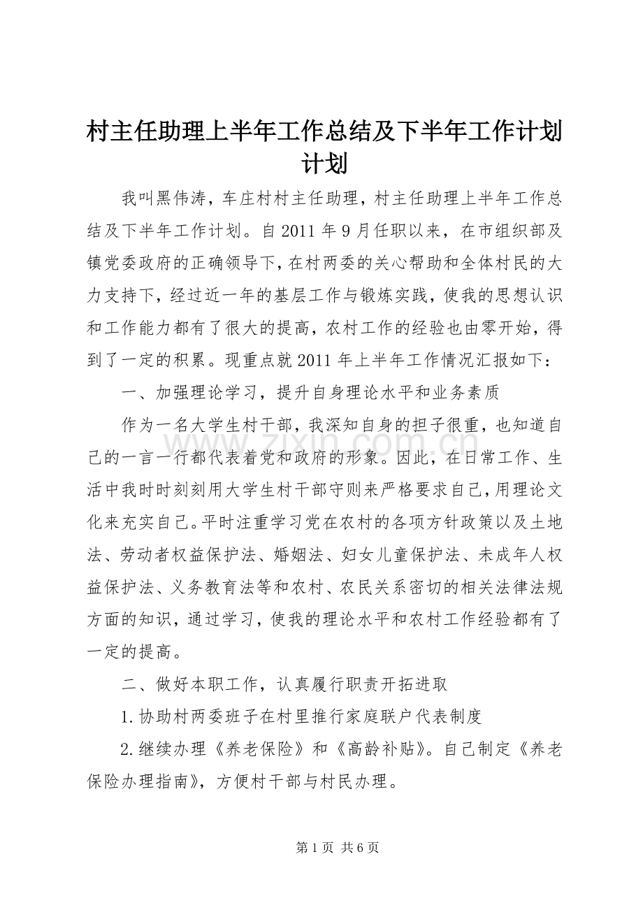 村主任助理上半年工作总结及下半年工作计划计划 .docx_第1页