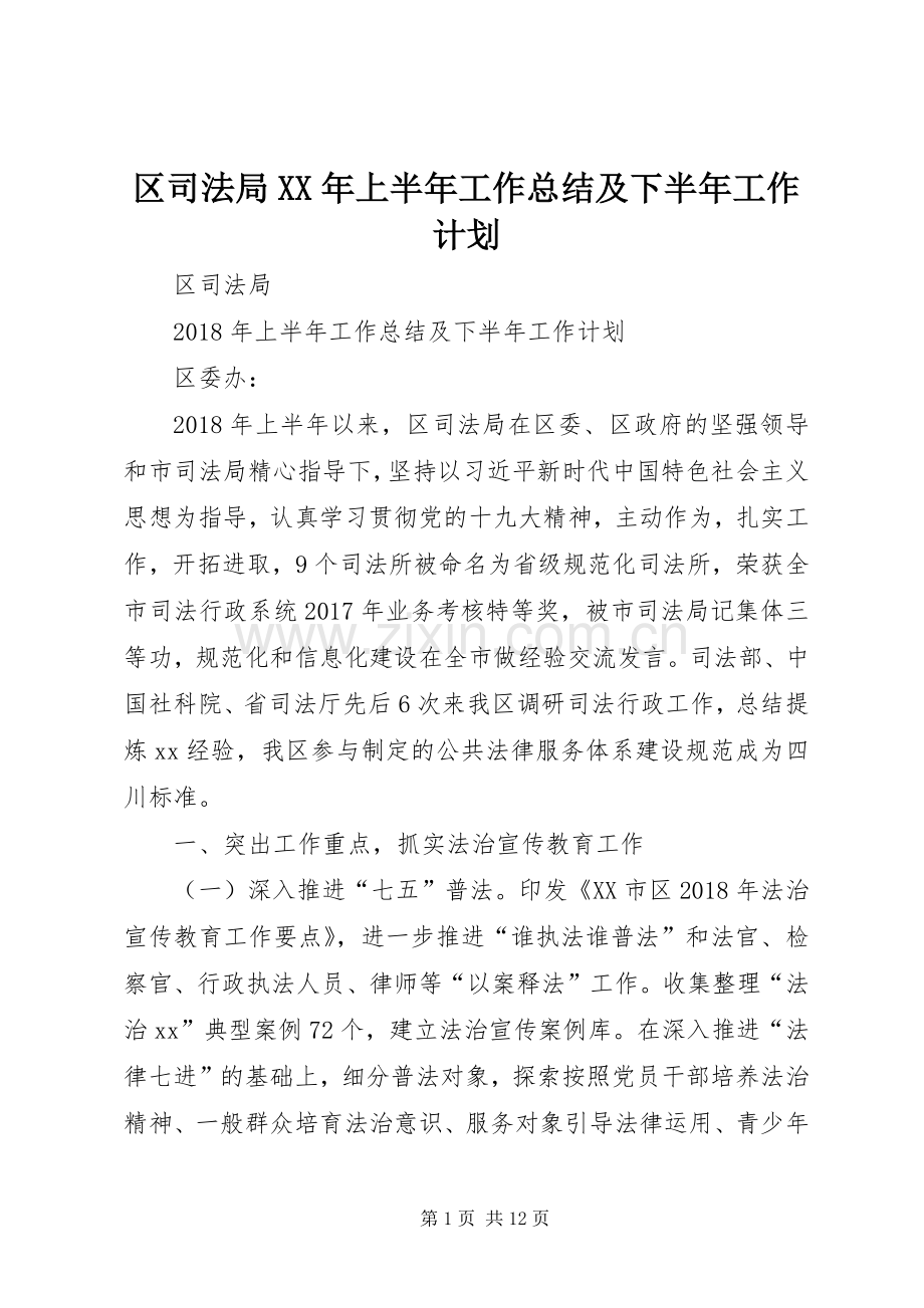 区司法局XX年上半年工作总结及下半年工作计划.docx_第1页