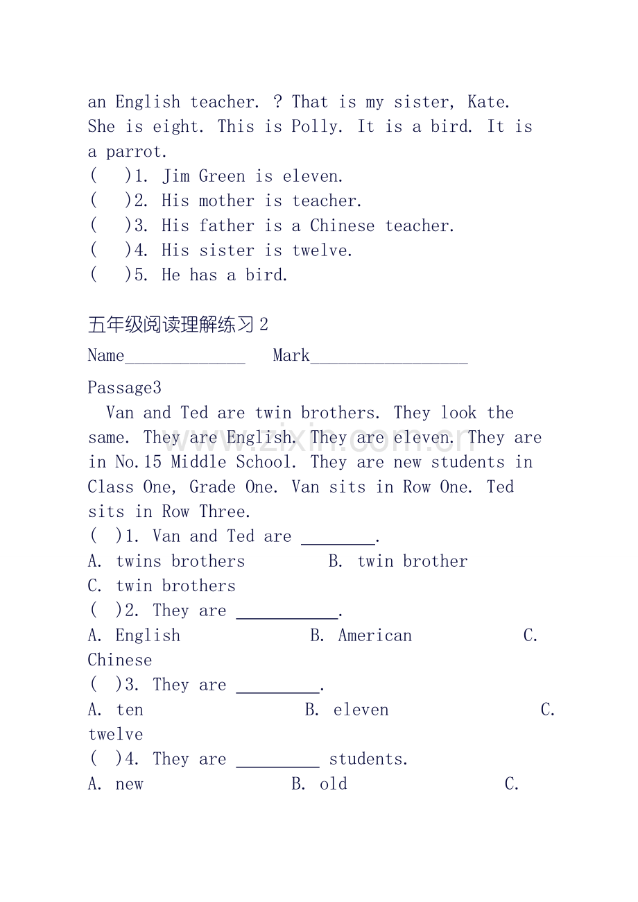 英语同步练习题考试题试卷教案小学五年级英语阅读理解.doc_第2页