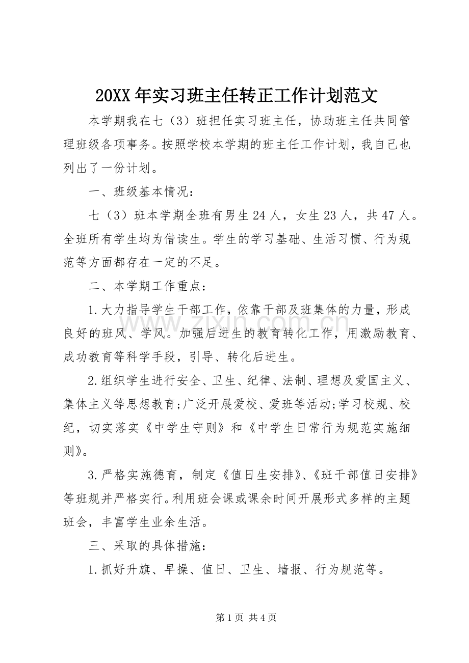 20XX年实习班主任转正工作计划范文.docx_第1页