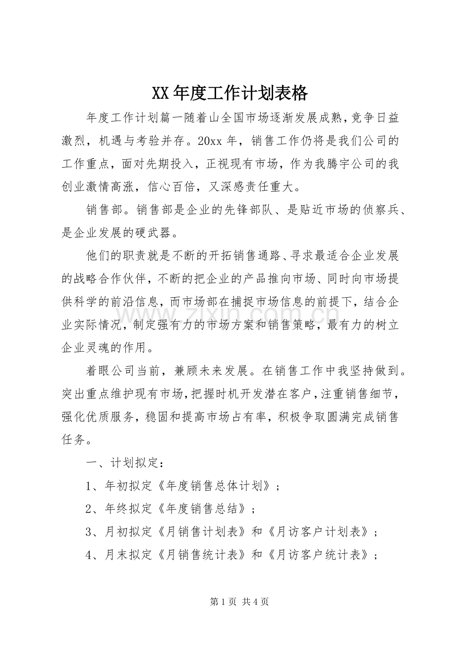 XX年度工作计划表格.docx_第1页