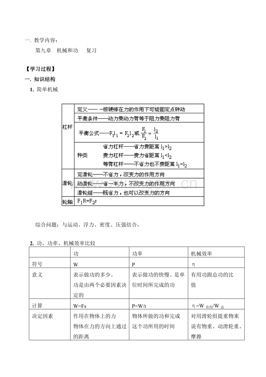 九年级物理上 第九章机械和功 复习教案.doc_第1页