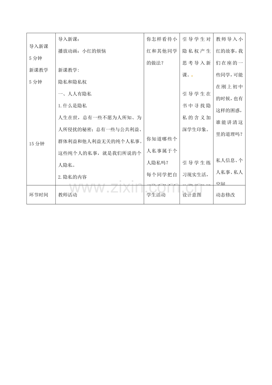 吉林省双辽市八年级政治下册 第二单元 我们的人身权利 第五课 隐私受保护 第1框 隐私和隐私权教案 新人教版-新人教版初中八年级下册政治教案.doc_第2页