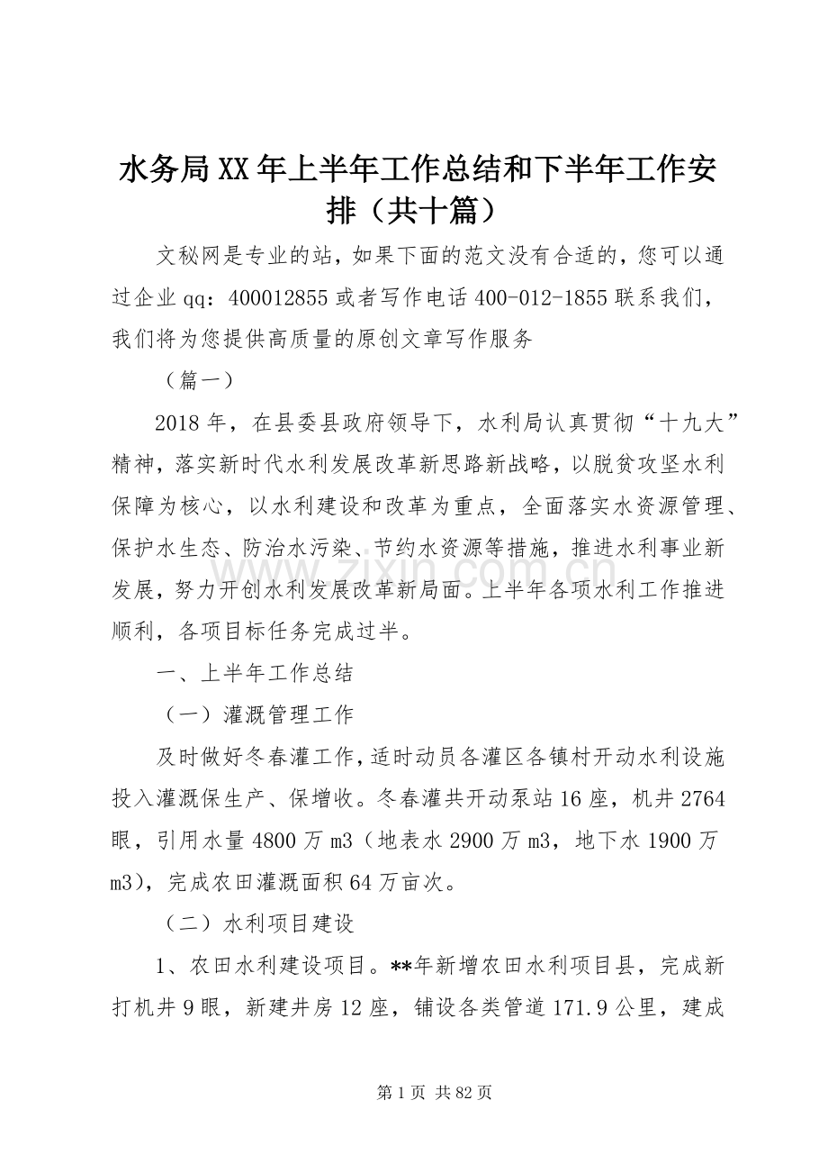 水务局XX年上半年工作总结和下半年工作安排（共十篇）_1.docx_第1页