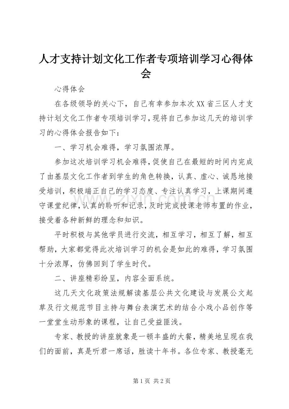 人才支持计划文化工作者专项培训学习心得体会.docx_第1页