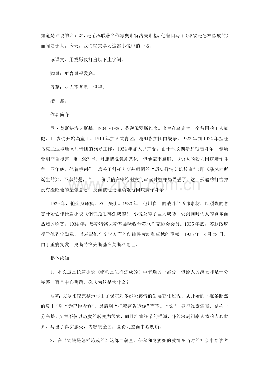 七年级语文下册 《保尔和冬妮娅》教学设计 河大版.doc_第2页