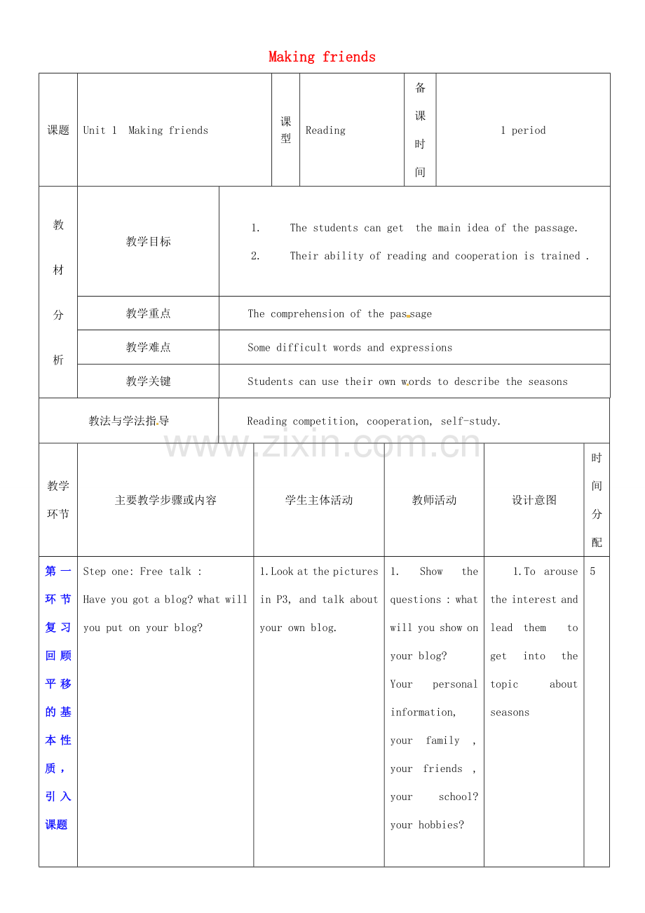 七年级英语上册 Unit 1 Making friends教案2 （新版）牛津深圳版-牛津深圳版初中七年级上册英语教案.doc_第1页