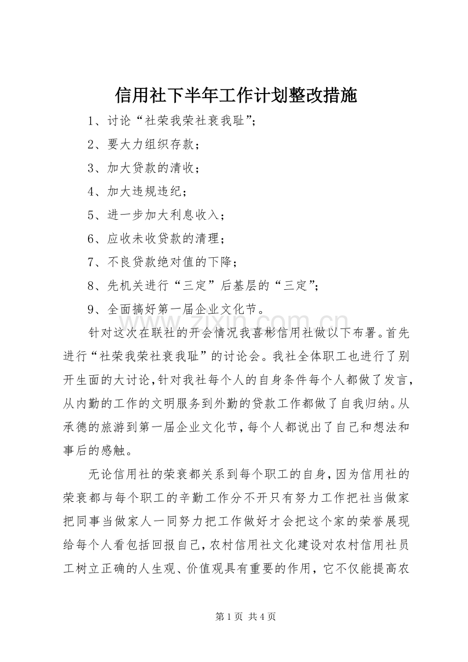 信用社下半年工作计划整改措施_1.docx_第1页