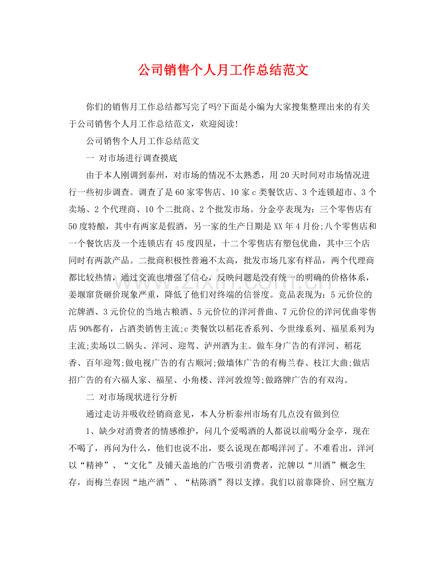 公司销售个人月工作总结范文 .docx_第1页