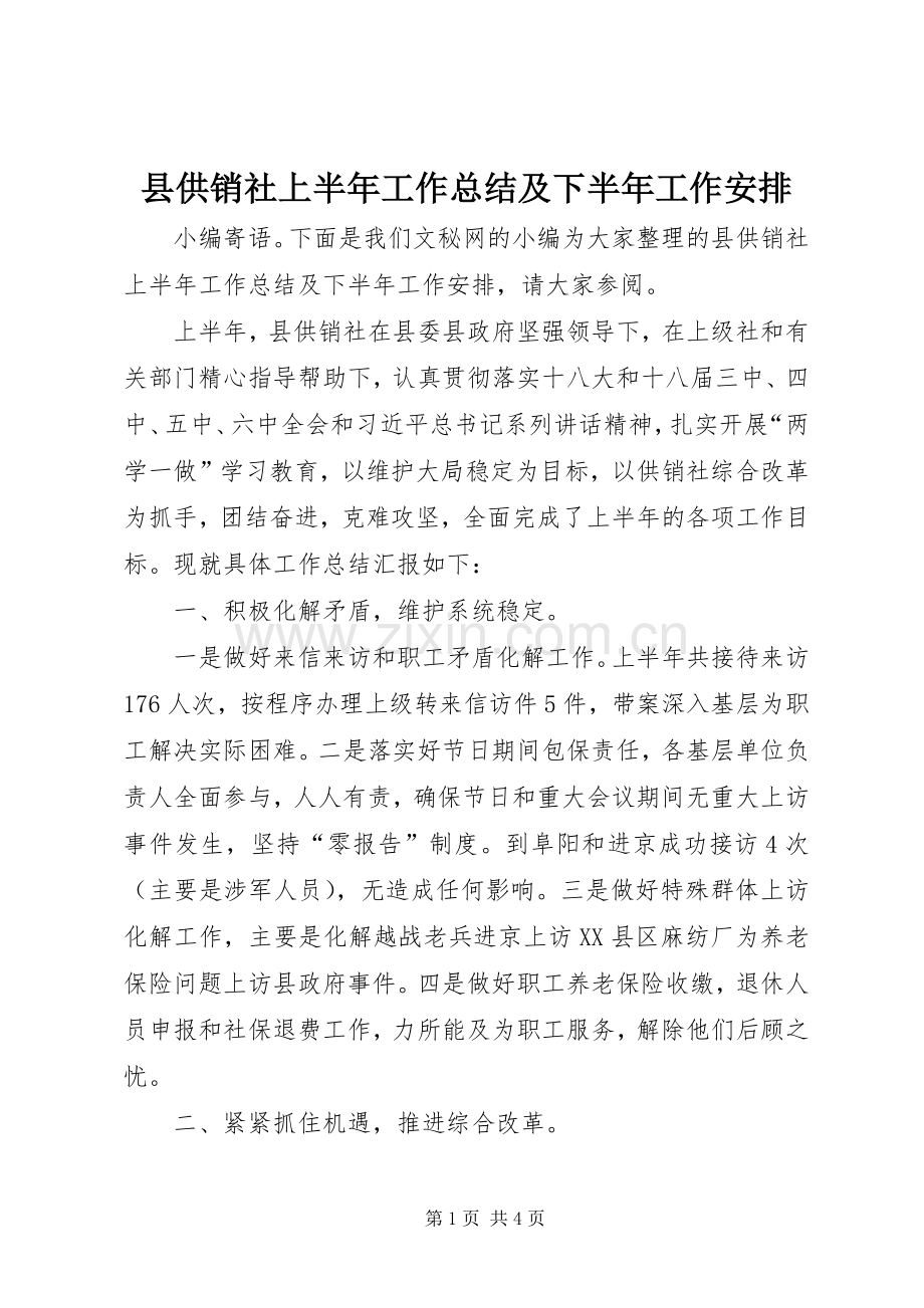 县供销社上半年工作总结及下半年工作安排.docx_第1页