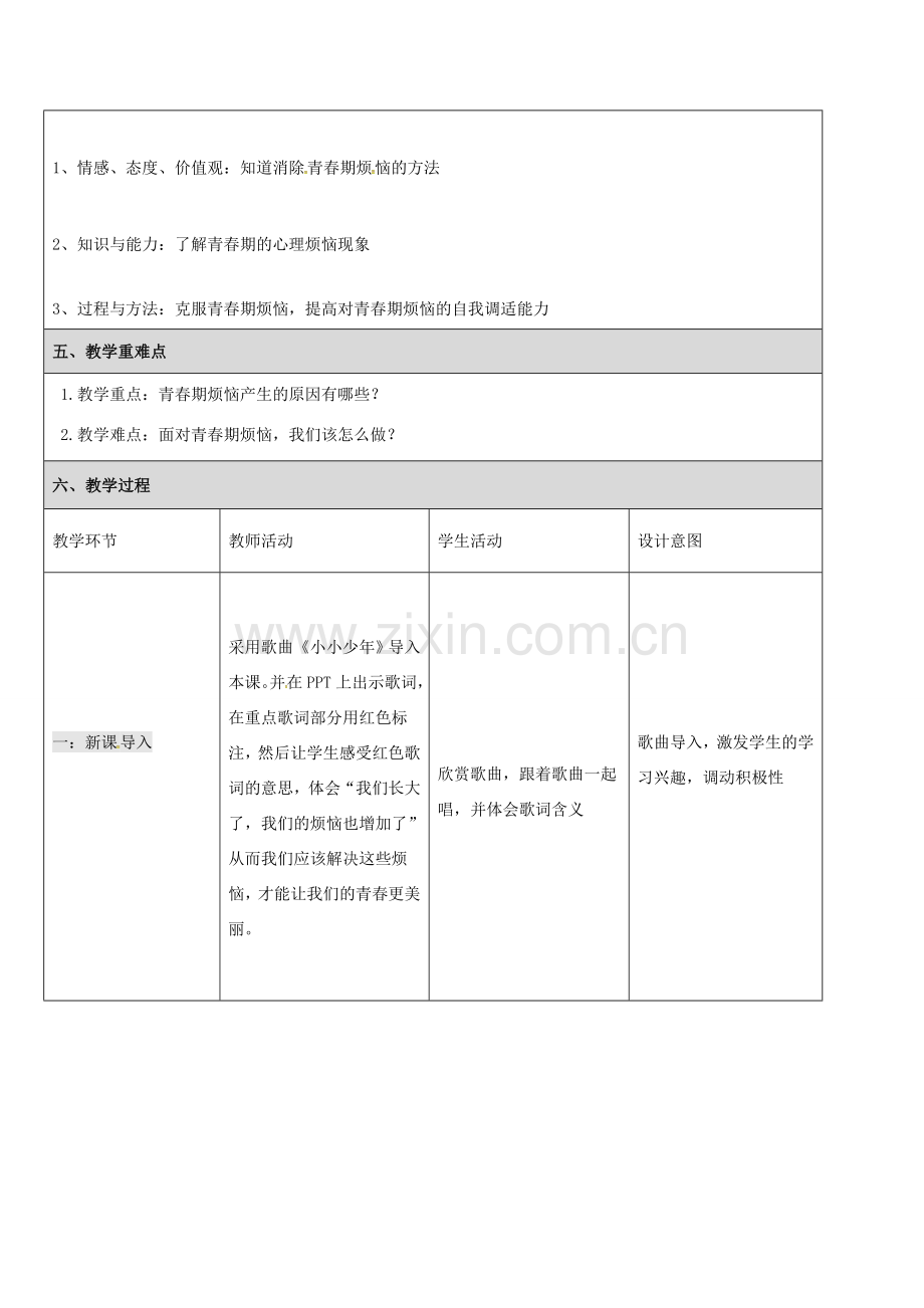 （秋季版）陕西省汉中市七年级道德与法治上册 第二单元 青春的脚步 青春的气息 第四课 青春多美好 第1框 青春不烦恼教学设计 鲁人版六三制-鲁人版初中七年级上册政治教案.doc_第2页