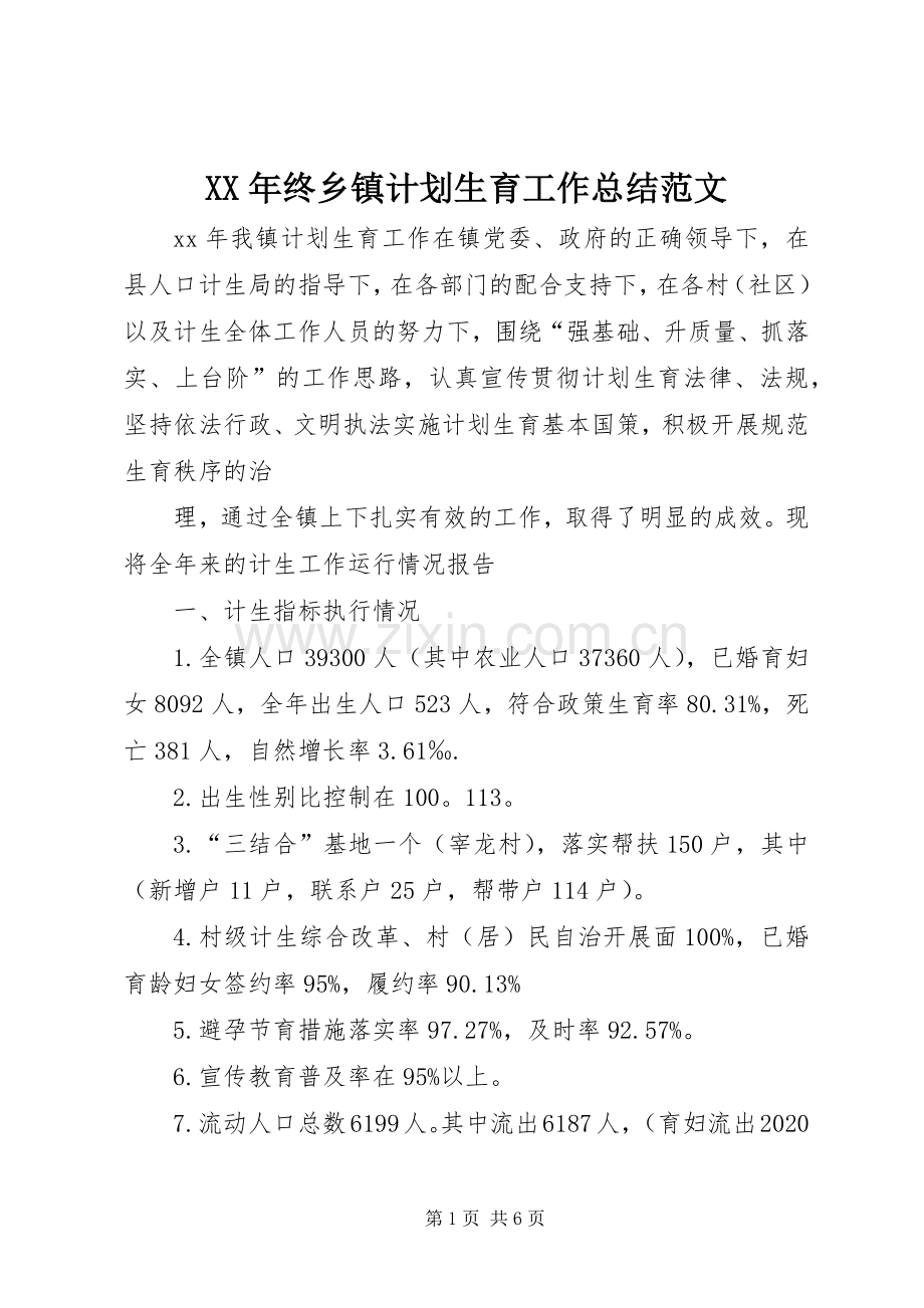 XX年终乡镇计划生育工作总结范文.docx_第1页