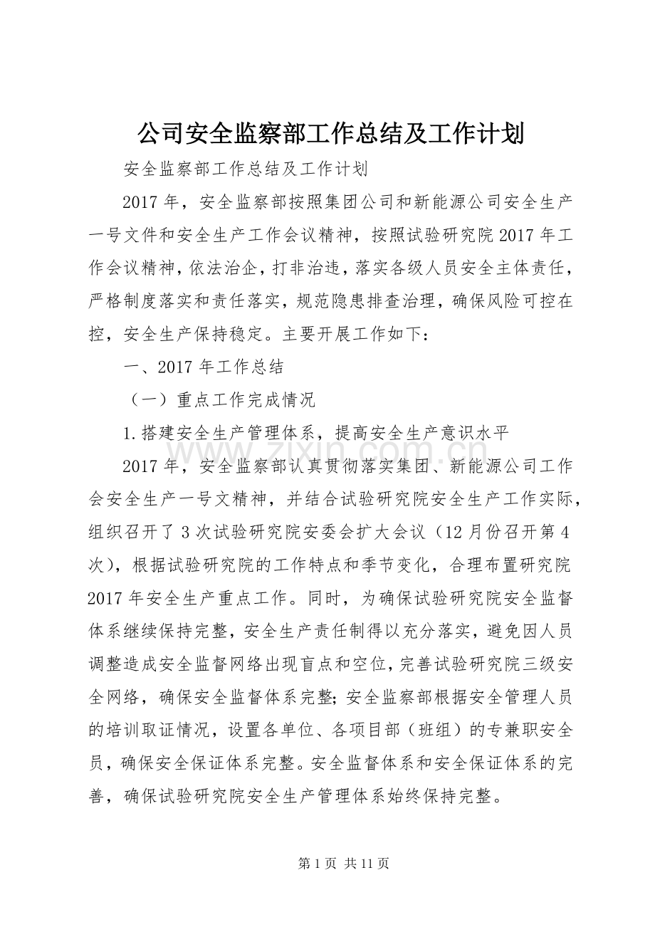 公司安全监察部工作总结及工作计划.docx_第1页